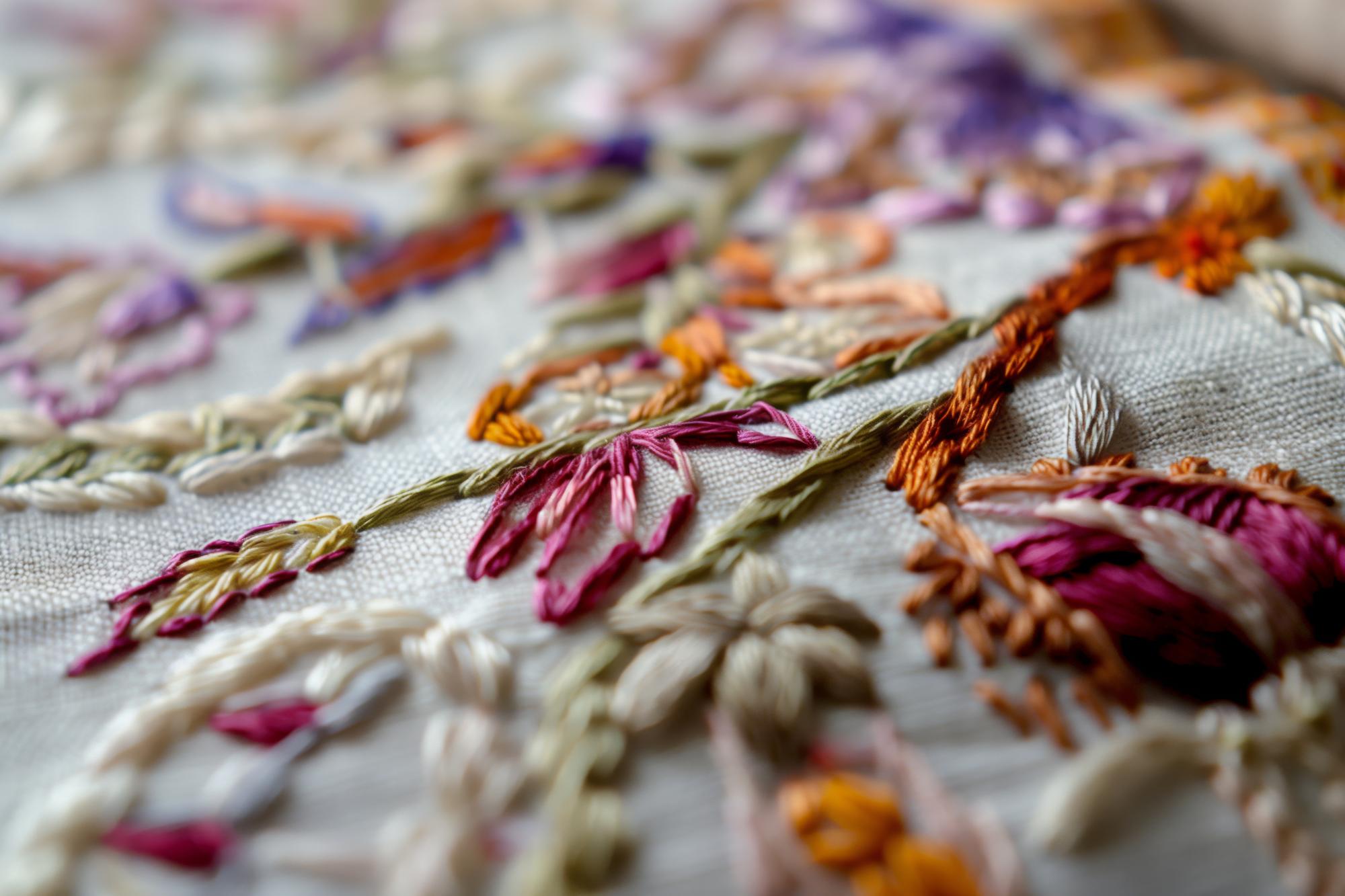 Hand-stitched floral motif on cotton